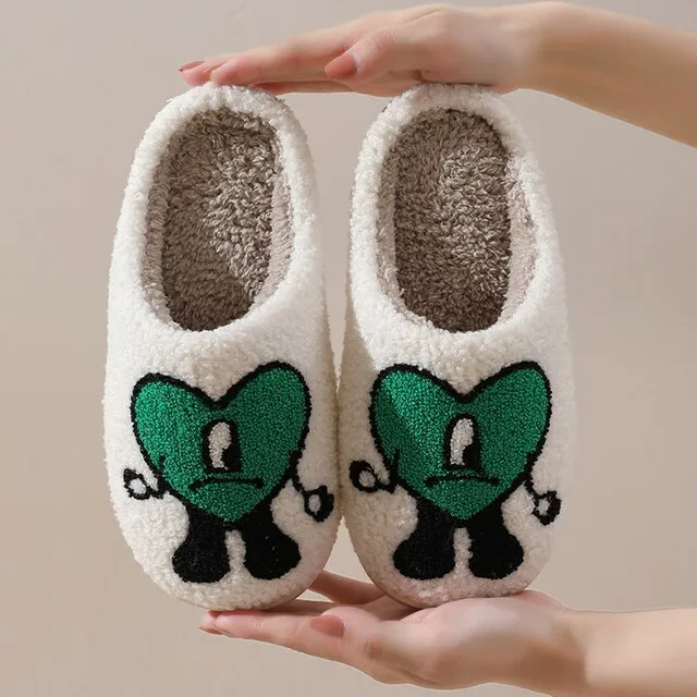 YvvCvv Smile Face Fluffy Fur Slippers Women Warm Plush Memory Foam Slide Slippers Home 2022 Winter Soft Indoor Shoes House