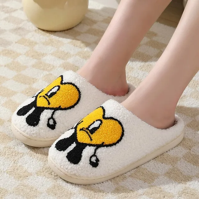 YvvCvv Smile Face Fluffy Fur Slippers Women Warm Plush Memory Foam Slide Slippers Home 2022 Winter Soft Indoor Shoes House