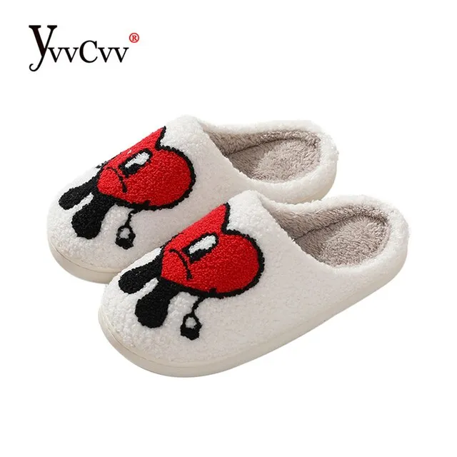 YvvCvv Smile Face Fluffy Fur Slippers Women Warm Plush Memory Foam Slide Slippers Home 2022 Winter Soft Indoor Shoes House