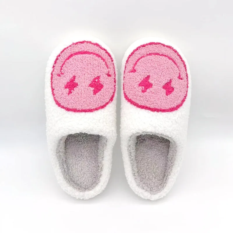 YvvCvv Smile Face Fluffy Fur Slippers Women Warm Plush Memory Foam Slide Slippers Home 2022 Winter Soft Indoor Shoes House