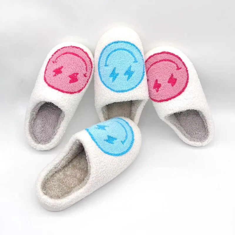 YvvCvv Smile Face Fluffy Fur Slippers Women Warm Plush Memory Foam Slide Slippers Home 2022 Winter Soft Indoor Shoes House