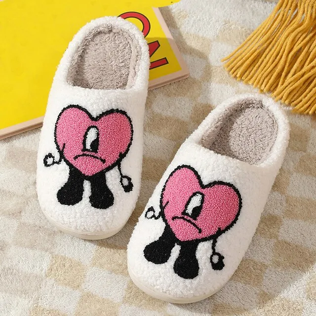 YvvCvv Smile Face Fluffy Fur Slippers Women Warm Plush Memory Foam Slide Slippers Home 2022 Winter Soft Indoor Shoes House